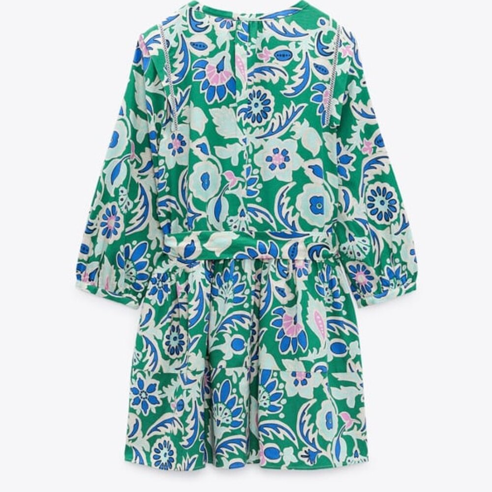Zara Linen Blend Green Multi Floral Mini Dress XS